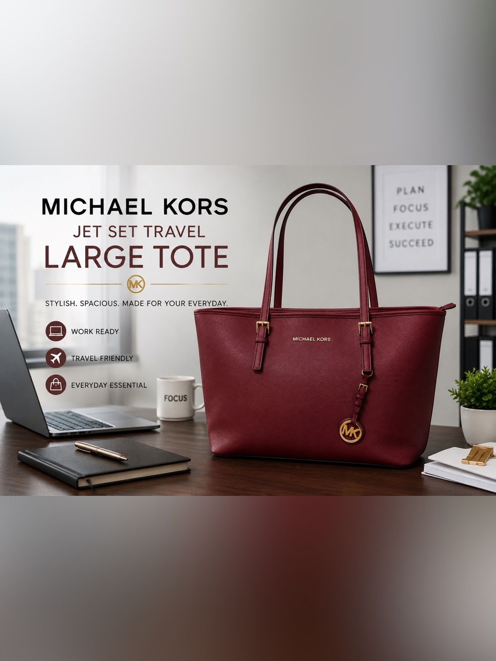 Michael Kors Jet Set Travel Large Tote Bag – Dark Red/Burgundy Saffiano Leather